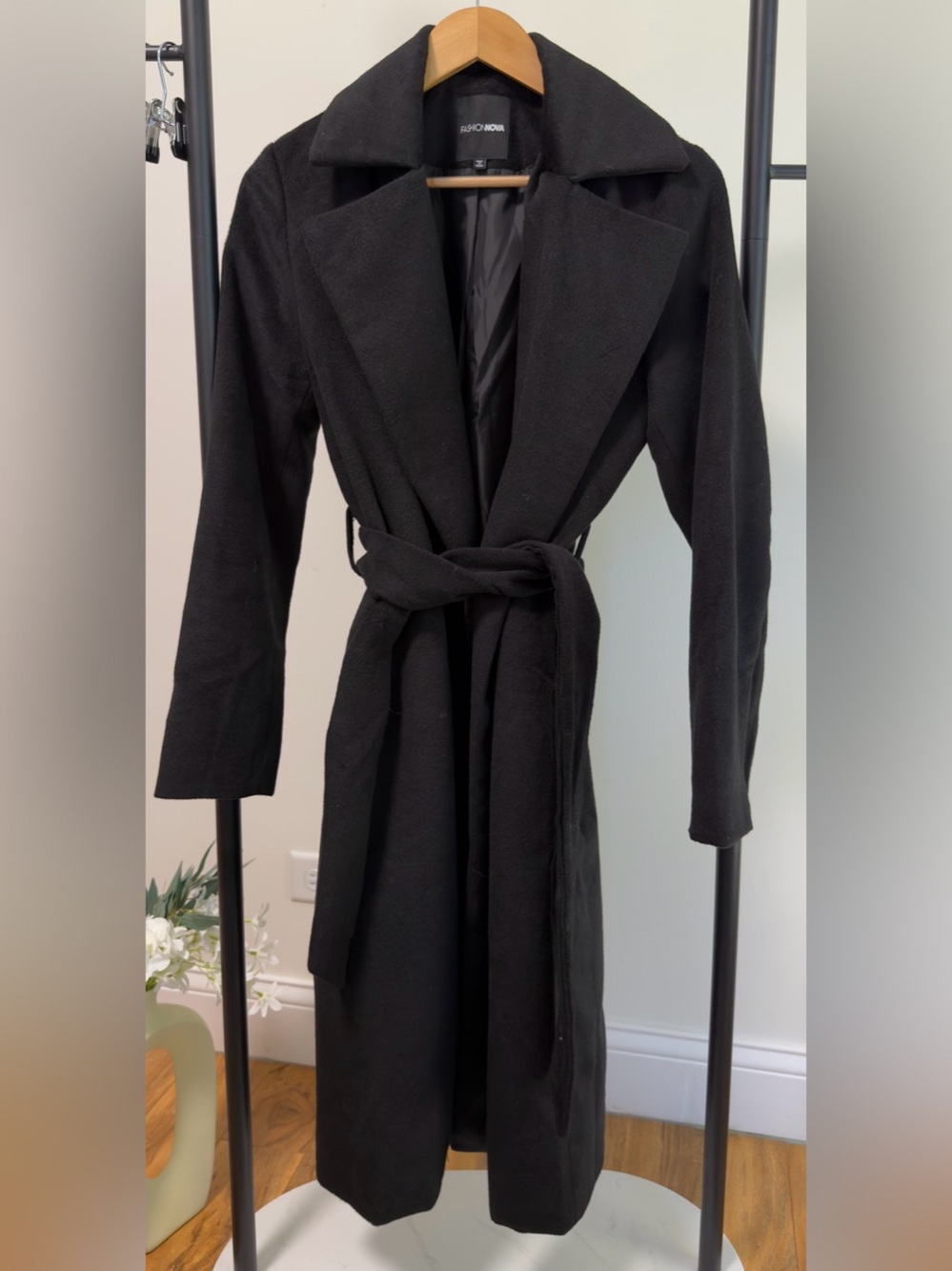 Fashion Nova Black Belted Wrap Coat XS Long Wool-Look Trench Overcoat
